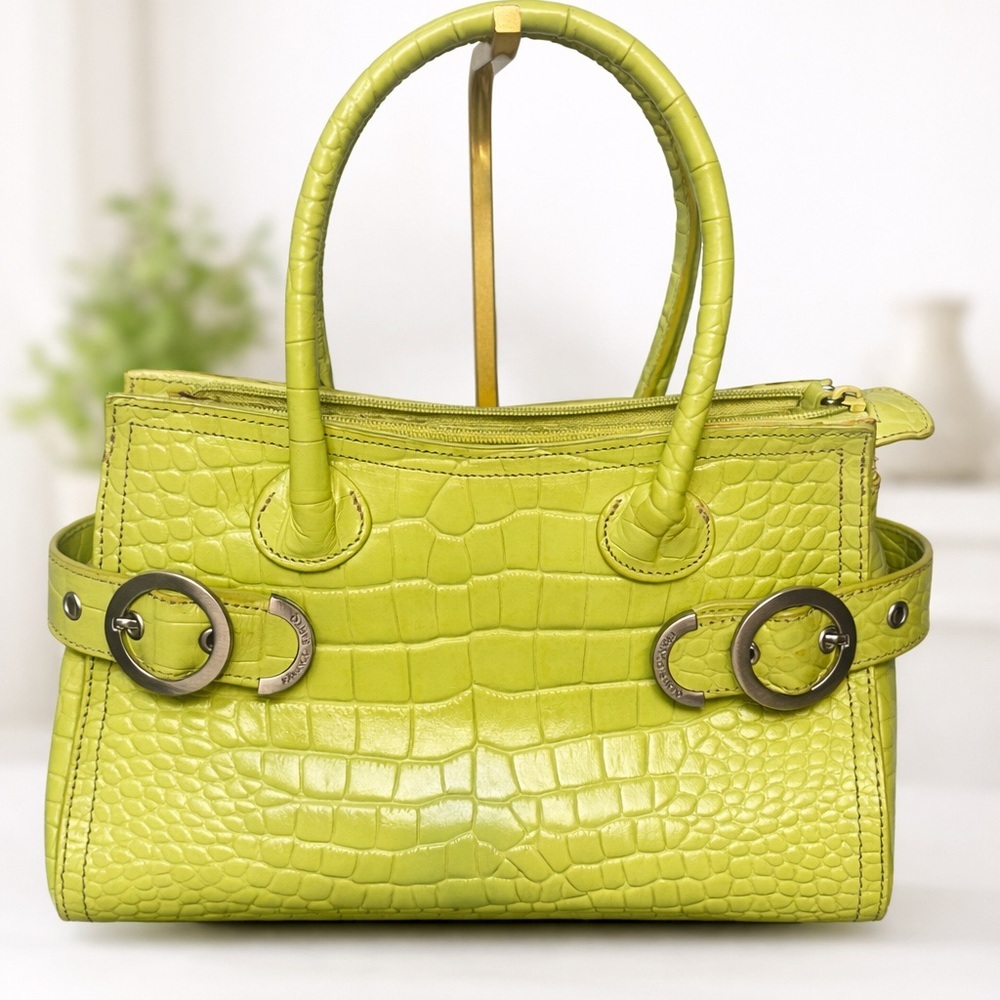 💚 Franco Sarto Lime Green Croc Embossed Leather Satchel Handbag